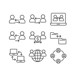 Peer to peer communication vector icon collection. Outline symbols. Line design