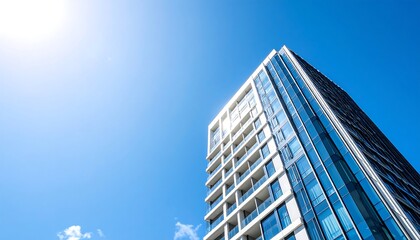 Modern high-rise building against a vibrant blue sky