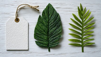 White textured tag next to two different green leaves on a textured light wood surface. Flat lay composition, clean, minimalist aesthetic, evokes nature and simple design