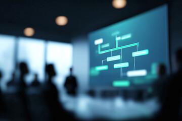 Business meeting with a diagram on screen. Corporate strategy  structure concept. Use for presentations, growth, teamwork, or data analysis. Modern tone.