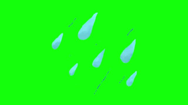 Stylized cartoon rain animation of blue water droplets falling on a chroma key green screen background for video effects