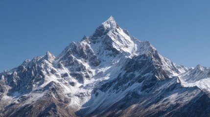 Obraz premium Magnificent Snow-Capped Mountain Peak Against a Clear Blue Sky Backdrop