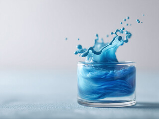 Captivating splash of vibrant blue liquid in a glass. Evokes freshness, energy, and movement. Ideal for beauty, science, or creative concepts. Clean aesthetic.