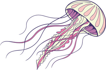 Realistic colorful jellyfish illustration with lifelike tentacles and vibrant ocean gradient perfect for marine artwork. Realistic colorful jellyfish drawing with detailed textures and natural © S43