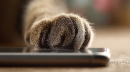 Close-up of a cat's paw resting on a device.
