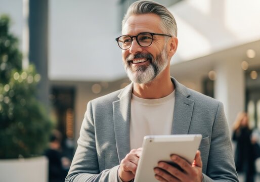 Mature businessman with tablet smiling outdoors