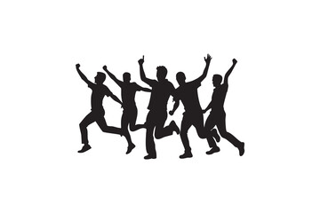 Fototapeta premium Silhouette of a group of people running and celebrating with arms raised symbolizing success achievement and teamwork in a dynamic and energetic pose on white