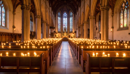 Fototapeta premium Candles lit in church interior