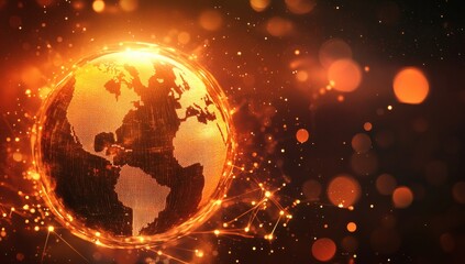 Abstract globe with orange network connections represents global economic relations, policy impacts on international trade.