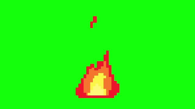 Retro 8-bit pixel art fire animation. A classic flame sprite element with a spark on a chroma key background for gaming effects.