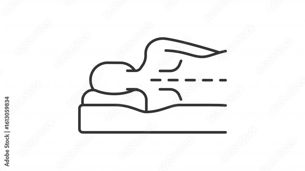 Poster correct sleeping posture line animation. orthopedic pillow animated icon. lying down person. dotted 