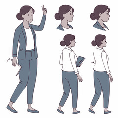 Minimilist illustration of a woman in professional attire in various poses and angles on a white background vector