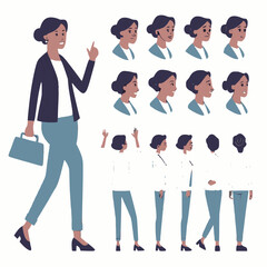 Minimilist illustration of a woman in business casual attire with various poses and facial expressions shown vector