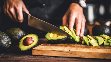 Fresh avocados being sliced on a wooden cutting board.