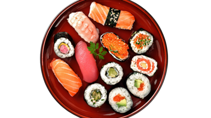 Set of sushi and maki with soy sauce over blue stone background. Top view with copy space