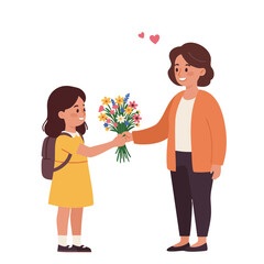Fototapeta premium Girl offering hand-picked flowers to teacher with smile