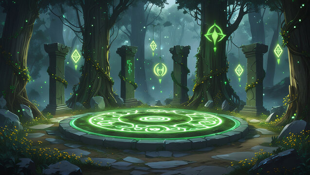 Fantasy summoning platform with glowing symbols in woodland. Mysterious ambient light and energy sparkles. Great for animation concepts
