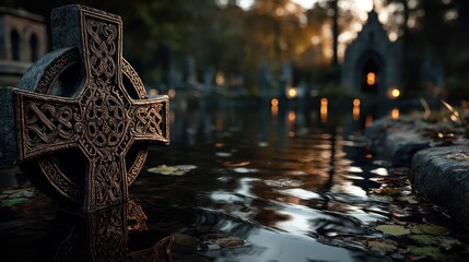 Celtic cross situated by a serene pond in an ancient cemetery surrounded by autumn foliage during twilight