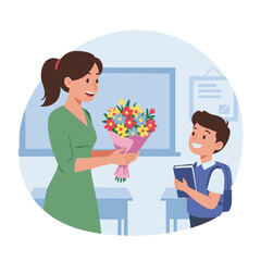 Obraz premium Teacher surprised by flowers on first day of school