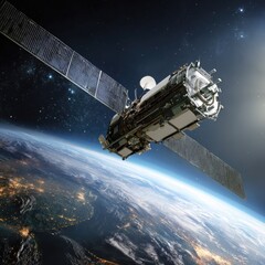 Obraz premium A satellite orbits Earth, solar panel extending, against starry backdrop