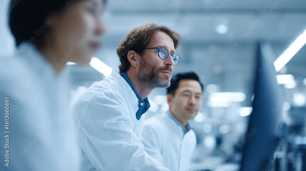 Poster diverse team of scientists in lab coats collaborating on research, reviewing data on a monitor. focu