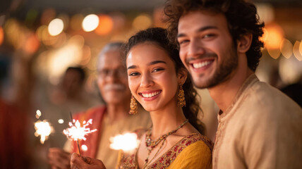 indian family holding fireworks on diwali