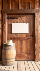 Rustic wooden door with blank sign and barrel (1)