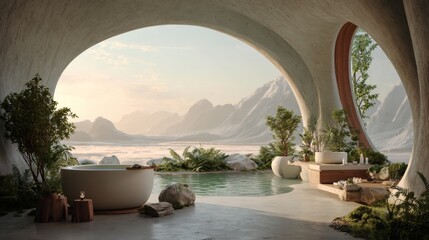 Serene Indoor Pool Area with Modern Design and Mountain View Natural Lighting Relaxing Atmosphere
