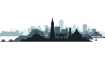 Naklejka premium Golden Gate Bridge silhouettes against San Franciscos California skyline a breathtaking and iconic view suitable for travel brochures and city themed designs.