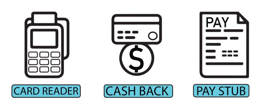 Illustration of a card reader cash back and a pay stub in black and white outline style icons set up