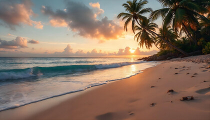 Tropical Beach Sunset with Palm Trees and Gentle Waves – Vibrant Golden Hour Landscape with Pink Sky and Sandy Shore for Travel, Nature, and Coastal Paradise Photography Concepts
