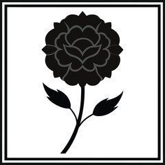 Elegant black rose silhouette with stem and leaves isolated on white background