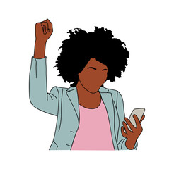 Excited business woman with smart phone celebrating gesture. Hand drawn colored sketch style outline vector illustration isolated on transparent background