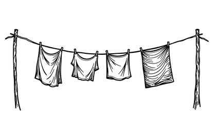 Sketch of clothes hanging on a line in black and white  