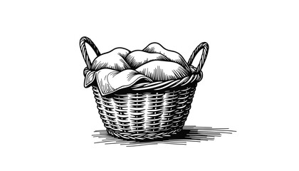 Woven basket filled with folded laundry in black and white sketch  