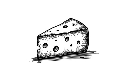 Cheese slice in sketched style, black and white illustration  