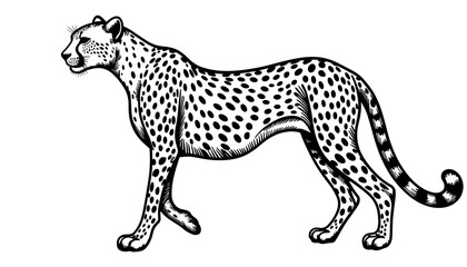 Cheetah walking in sketch style, black and white design  