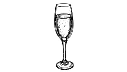Champagne glass in sketch style, black and white illustration  