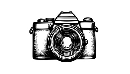 Vintage camera illustration in black and white sketch style  