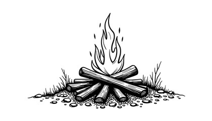Campfire wood logs burning with flames on rocky ground  