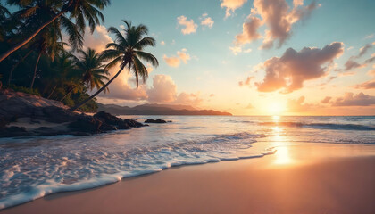 Tropical Beach Sunset with Palm Trees and Gentle Waves – Vibrant Golden Hour Landscape with Pink Sky and Sandy Shore for Travel, Nature, and Coastal Paradise Photography Concepts
