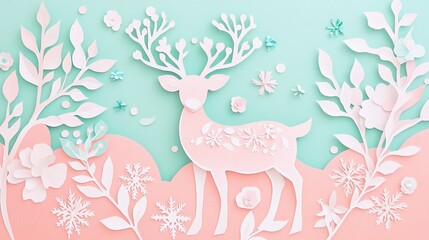 Fantasy paper cut style Christmas deer with delicate floral pattern, standing elegantly on soft pink and mint green background for wall decoration, baby room decor or festive holiday design.