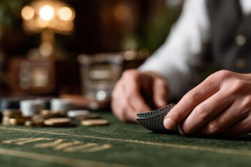 Fototapeta premium Male hands playing poker in casino with poker chips on green table