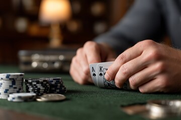 Close-up of male hands with playing cards and poker chips on green felt table