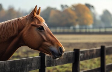 Chestnut horse leans against wooden fence on green pasture. Peaceful, scenic animal portrait. Equine mammal enjoys summer outdoors.