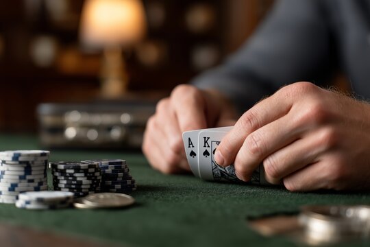 Close-up of male hands with playing cards and poker chips on green felt table
