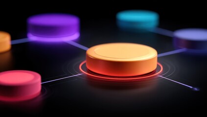 Connected network of colorful circles with radiating light on a dark background.