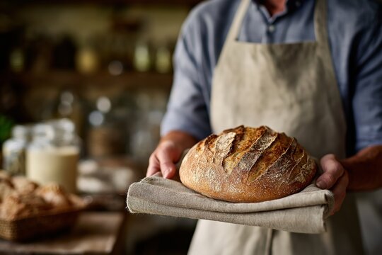 Caucasian male baker presenting freshly baked rustic bread in artisan kitchen - Powered by Adobe