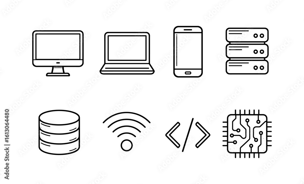 Aufkleber technology device icons in minimalist linear style for modern digital interfaces