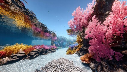 Vivid underwater canyon scene with rocky cliffs, diverse coral reefs in pink, orange, yellow, and blue hues. Shimmering water reflects the sky. Tiny fish swim overhead